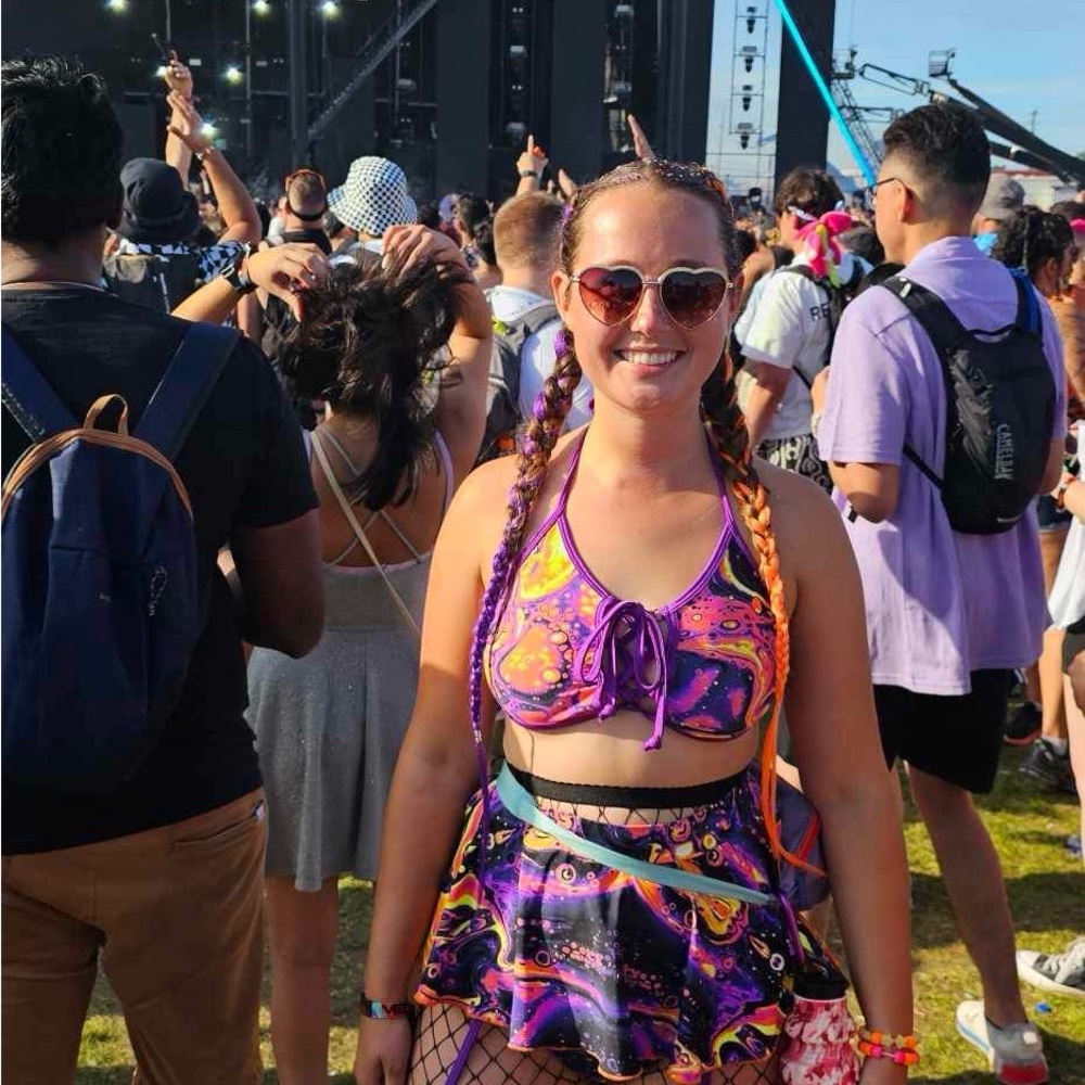 Vibrant Neon Purple & Orange Rave Set - Crop Top & Skirt and garter booty shorts